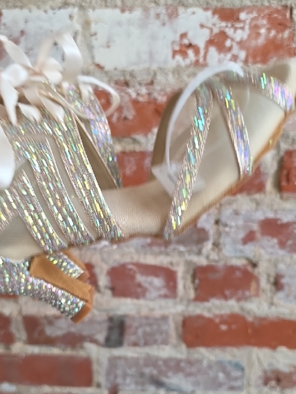 Iridescent Champagne Crystal Dance Heels with Ribbon Tie - Picture 6 of 8